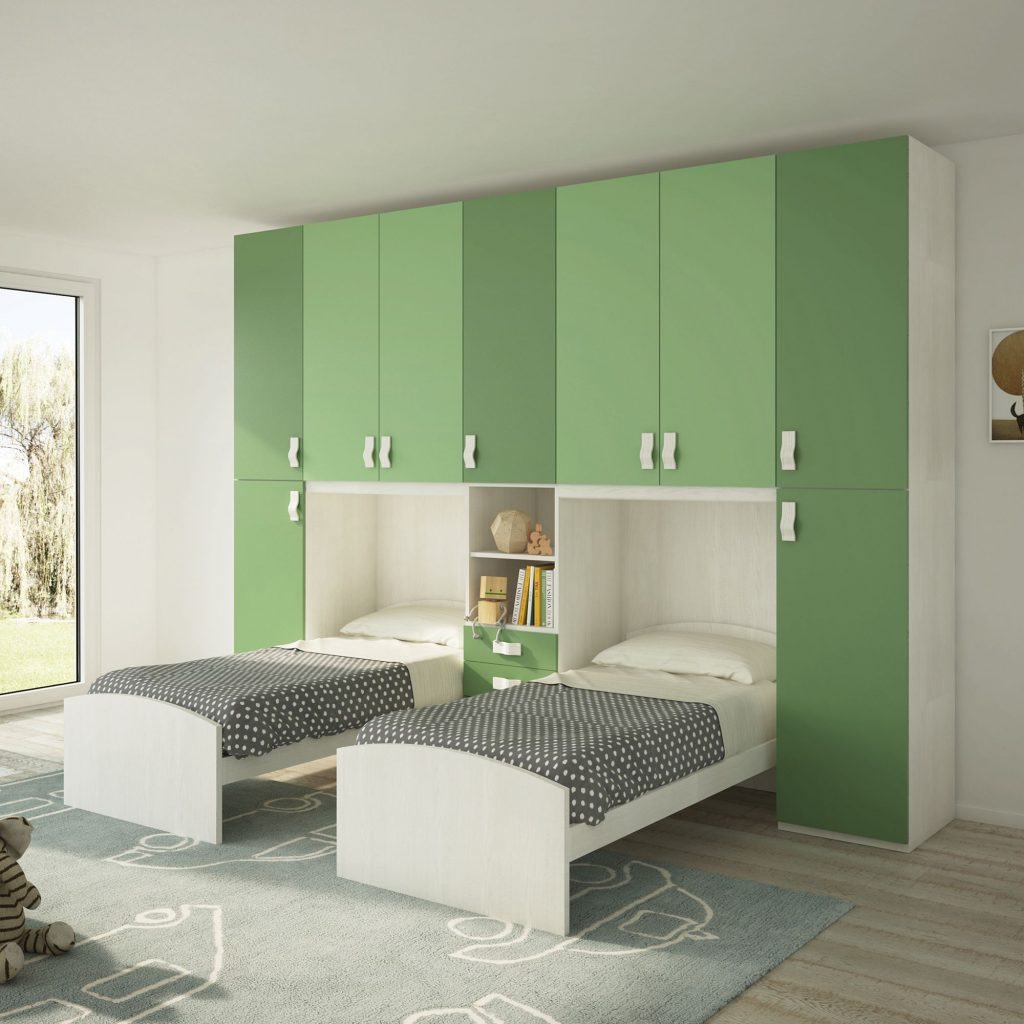 1-1 Cameretta Doppio Ponte - Doppio Letto Singolo Betulla, Giada E Salvia