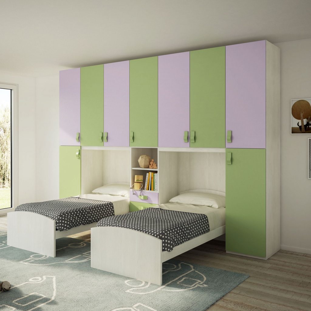 Cameretta Doppio Ponte -  Doppio Letto Singolo Betulla, Malva E Salvia
