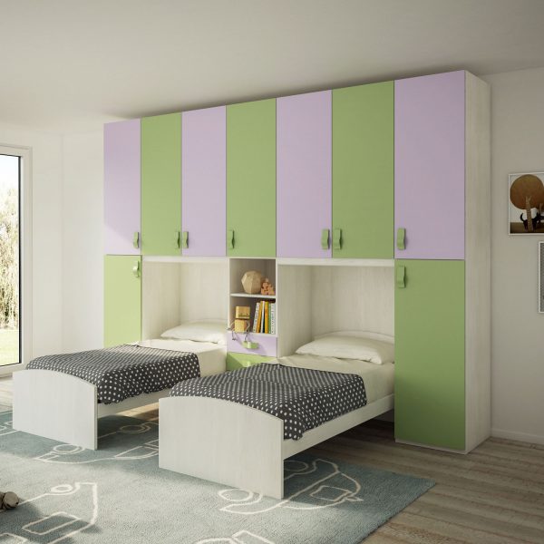 1-2 Cameretta Doppio Ponte - Doppio Letto Singolo Betulla, Malva E Salvia