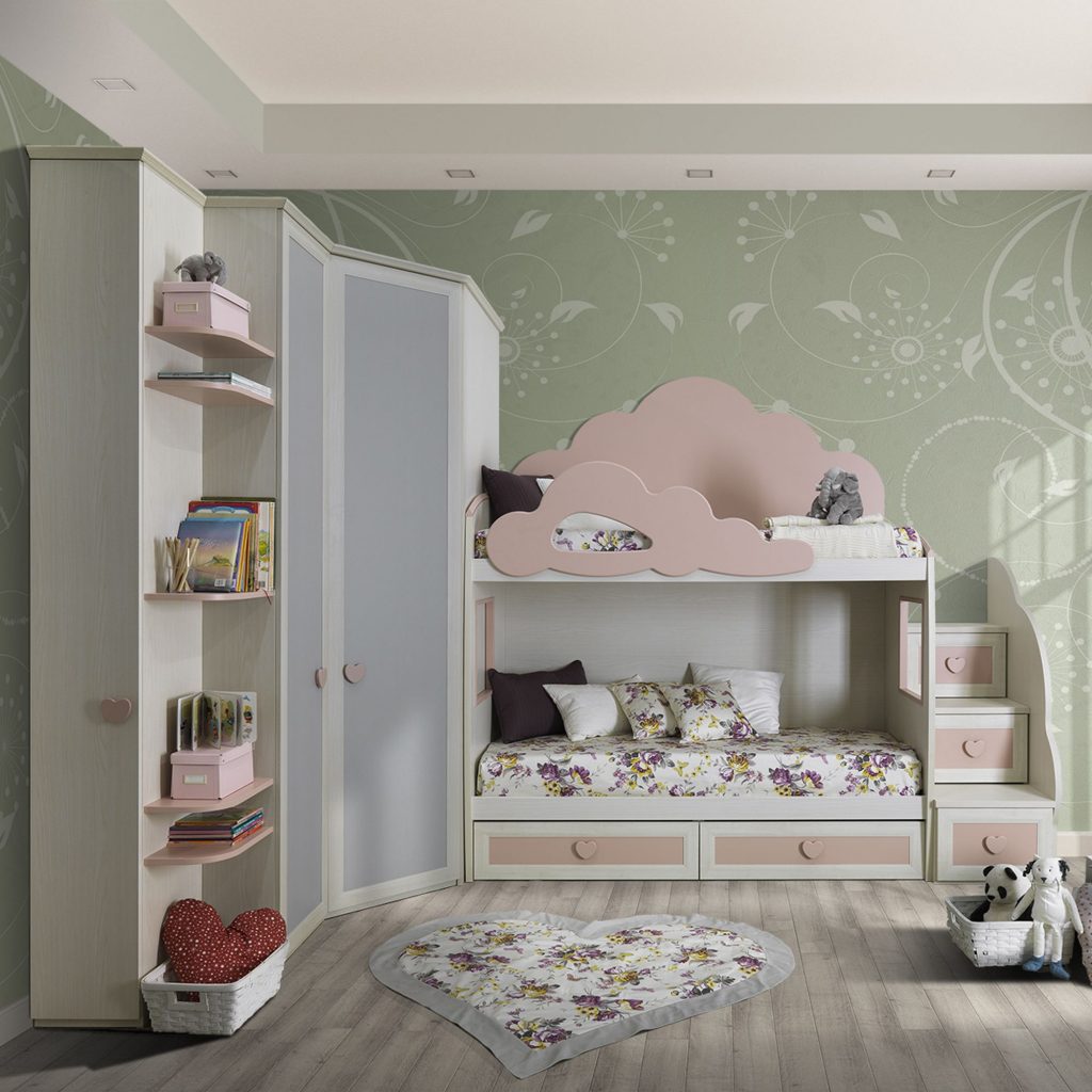 Cameretta OLD Classica 2 Postazioni Letto Betulla e Rosa Antico