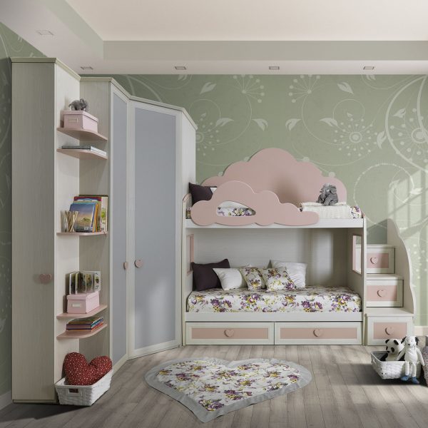 1-2 Cameretta OLD Classica 2 Postazioni Letto Betulla e Rosa Antico