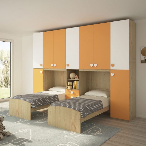 1-3 Cameretta Doppio Ponte . Letto Singolo Faggio, Mandarino e Bianco