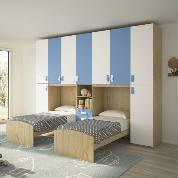 1-5 Cameretta Doppio Ponte - Doppio Letto Singolo Faggio, Avio E Bianco