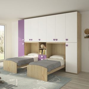 Cameretta Doppio Ponte - Doppio Letto Singolo Faggio, Bianco e  Prugna