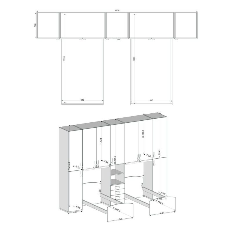 Cameretta Doppio Ponte - Doppio Letto Singolo Faggio, Avio E Bianco