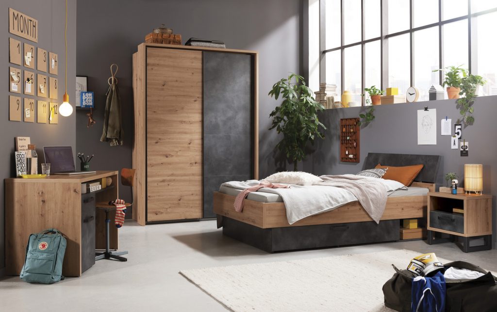 NC2128K766-1 Cameretta una piazza e mezza Industry con testata ricurva in finitura Rovere e Grigio smoke