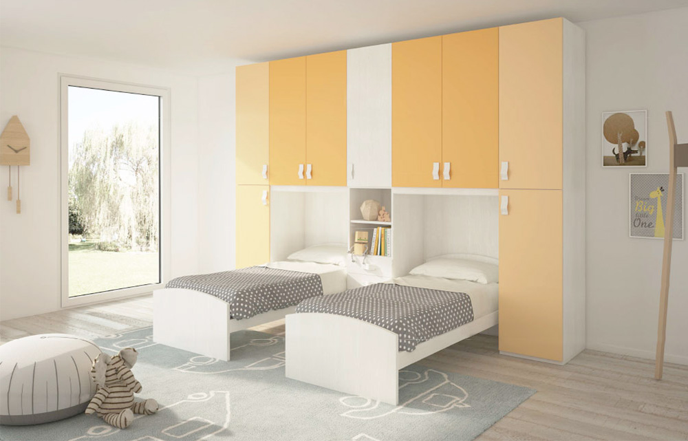 Cameretta Doppio Ponte - Doppio Letto Singolo Betulla, Mandarino E Cipria