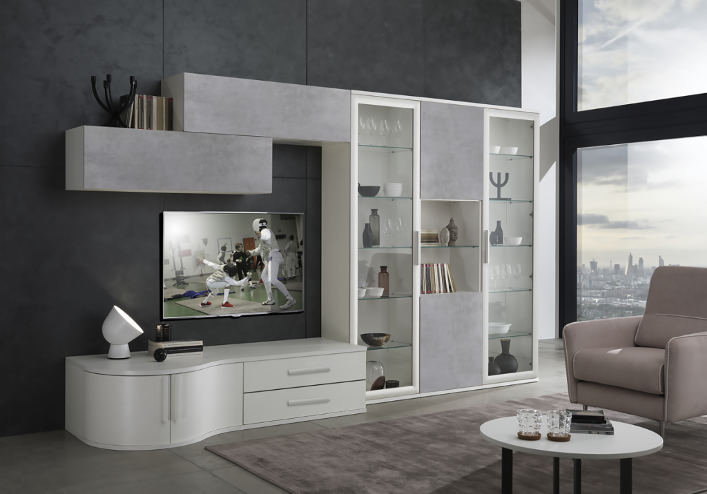 Parete soggiorno moderna Bianco e cemento