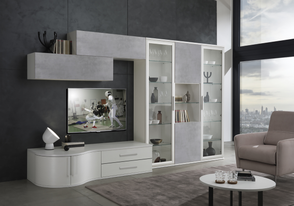 dedalo-new_2023 Parete soggiorno moderna Bianco e cemento