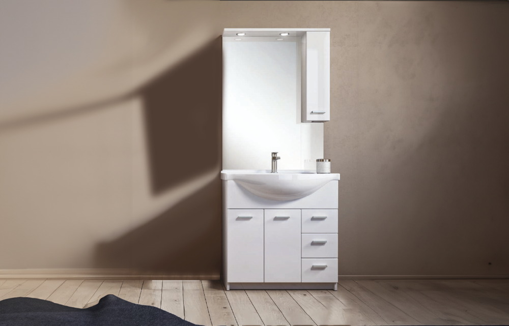 Mobile bagno a terra 2 ante 3 cassetti specchiera e lampada LED Bianco Lucido