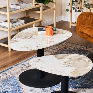 Tavolino Plectrum 80x60 cm – Design Moderno con Piano Effetto Marmo | Varianti Colore