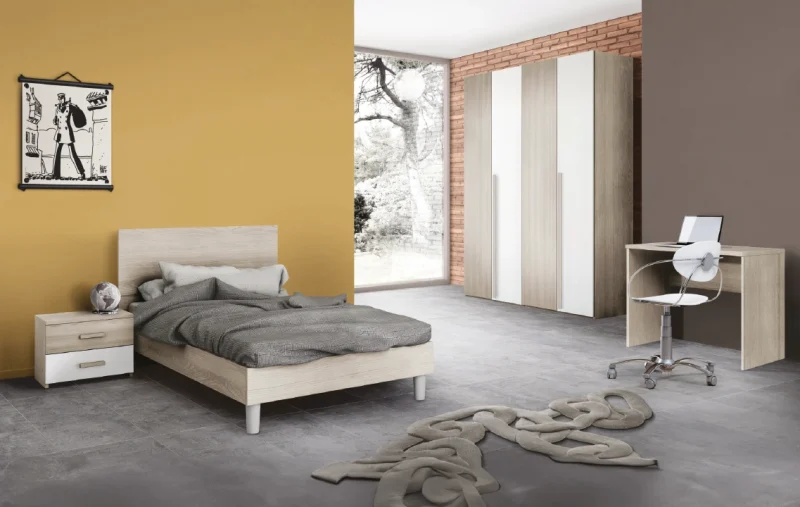 Cameretta moderna Emma con letto una piazza e mezza armadio 4 ante e scrivania Dotolo Mobili 107/01 Cameretta moderna Emma completa