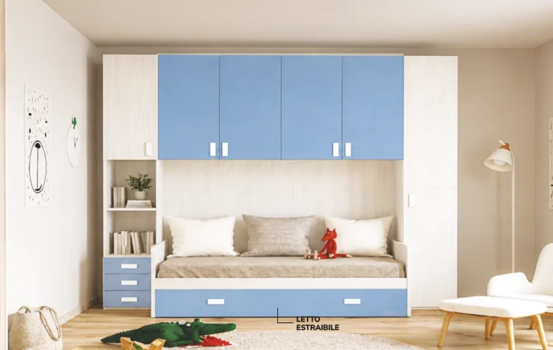 cameretta_a ponte moderna-azzurr con doppio letto_dotolo_mobili_promozione copia 106/04 Cameretta a ponte azzurra con letto estraibile