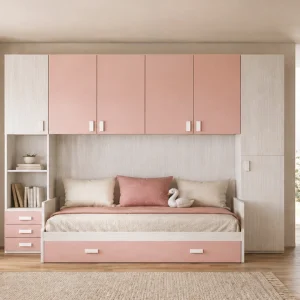 cameretta_a ponte moderna-rosa con doppio letto_dotolo_mobili_promozione 106/03 Cameretta a ponte moderna rosa e legno chiaro