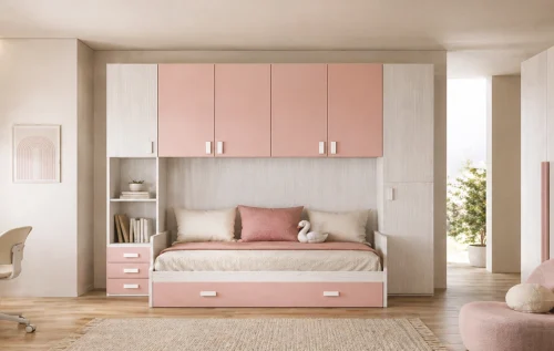 cameretta_a ponte moderna-rosa con doppio letto_dotolo_mobili_promozione 106/03 Cameretta a ponte moderna rosa e legno chiaro